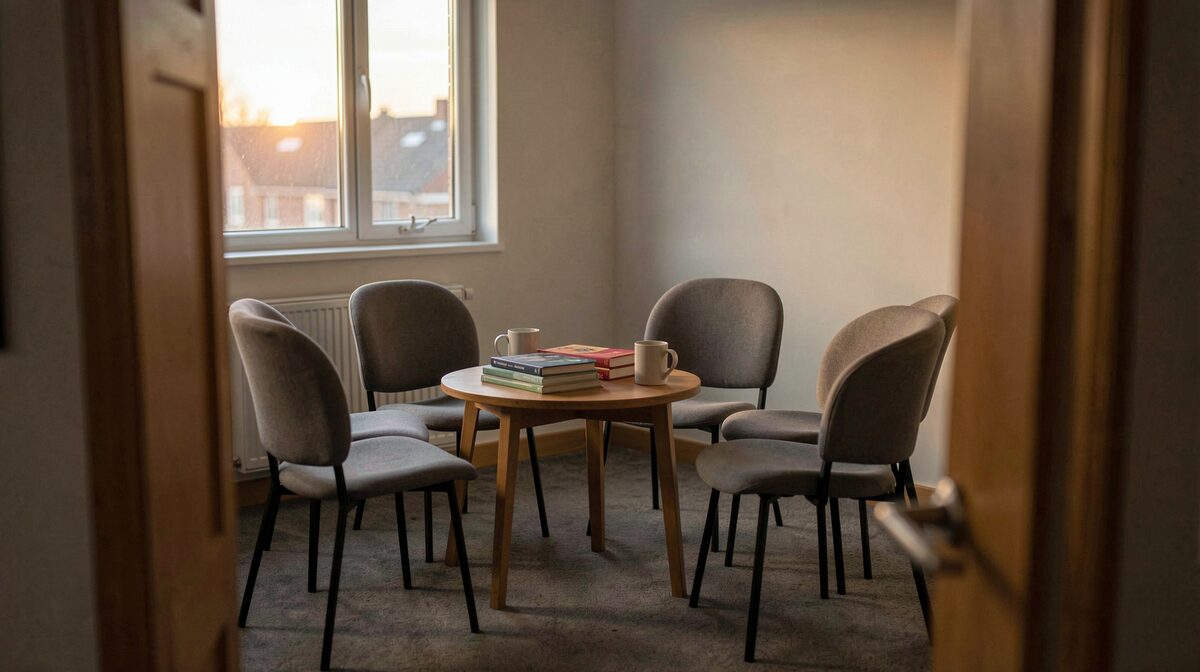 Een eenvoudige vergaderzaal met een cirkel van stoelen, een kleine tafel met boeken en mokken, zacht avondlicht door een raam, gekaderd vanuit de deuropening.