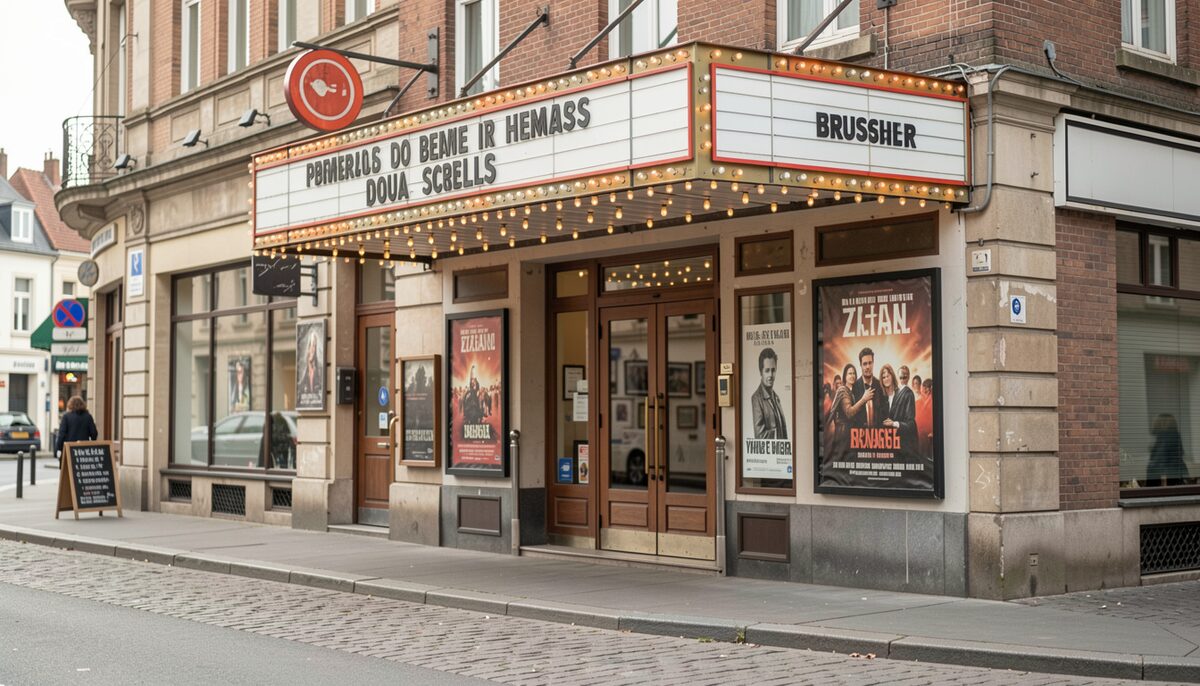 A vintage cinema entrance in Brussels with a marquee and film posters