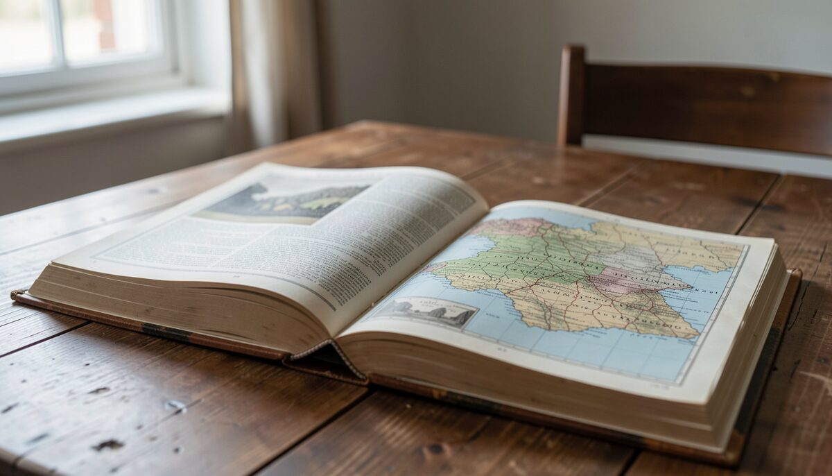A historical novel open on a table with a map of Belgium