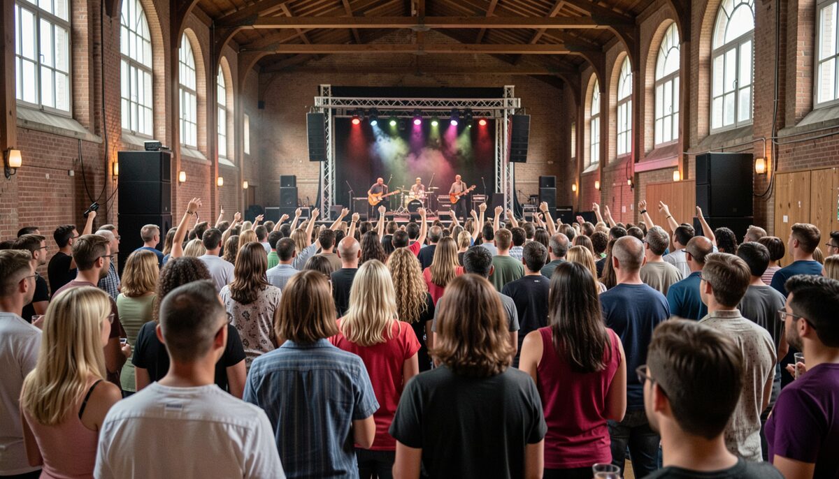 A lively concert crowd at an indoor music venue in Belgium