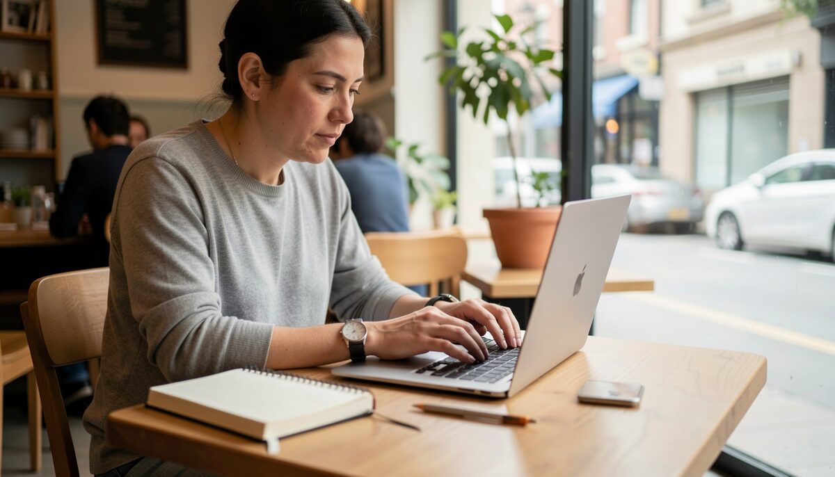 A writer typing on a laptop in a cafe with a notebook nearby