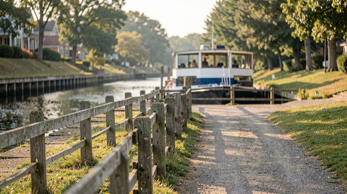 Terras langs het Delaware kanaal in New Hope, ochtendlicht, een kanaalboot op de achtergrond, horizontale opname vanaf het jaagpad.
